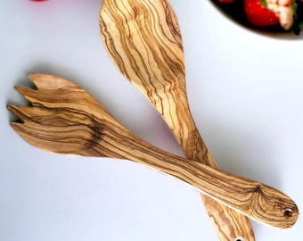 Handmade Olive Wood Salad Spoon Set | Rustic Farmhouse Salad Servers