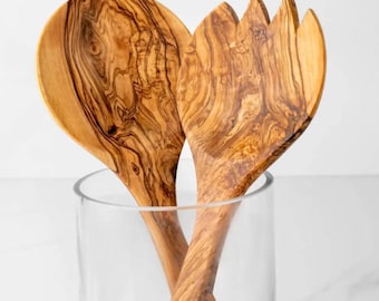 Handmade Olive Wood Salad Server Set – Rustic Kitchen Utensils