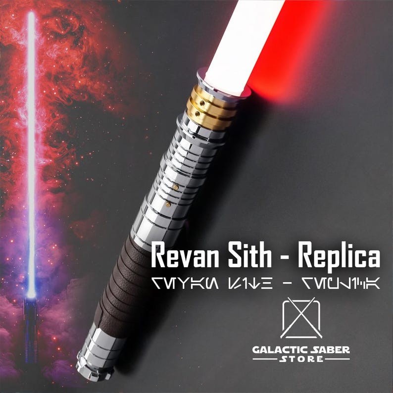 May include: A silver lightsaber with a red blade and a brown leather wrap. The lightsaber has gold accents and is labeled "Revan Sith - Replica".