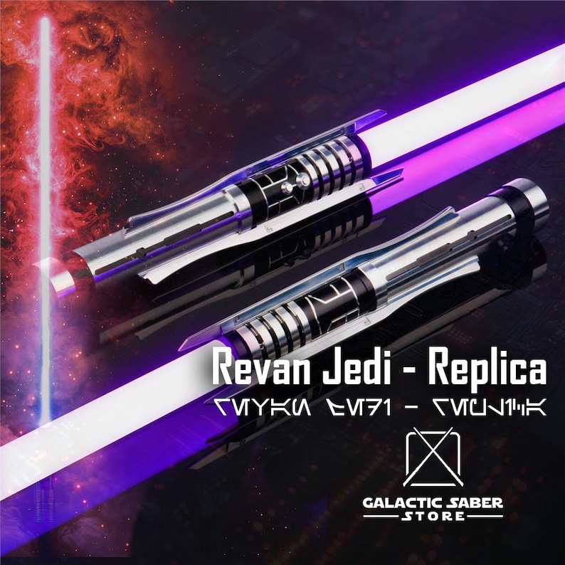 May include: Two lightsaber replicas with purple and white blades. The lightsabers are silver and black with a textured grip. The text "Revan Jedi - Replica" is displayed on the image. The text "Galactic Saber Store" is also displayed on the image.