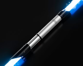 May include: A silver lightsaber with a black handle and a blue blade. The blade is emitting a blue glow.