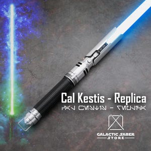 May include: A silver lightsaber replica with a black grip and a blue blade. The lightsaber is labelled "Cal Kestis - Replica" and "GALACTIC SABER STORE".