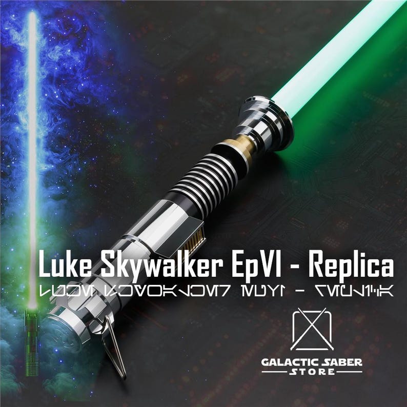 May include: A silver and black lightsaber replica with a green blade. The lightsaber is labeled "Luke Skywalker EpVI - Replica".