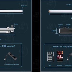Puede incluir: Un diagrama que muestra las dimensiones de una hoja de sable de luz y una empu&ntilde;adura, etiquetada como "Anakin EP3". La imagen tambi&eacute;n muestra el contenido del paquete para las versiones RGB y SN-Pixel del sable de luz.