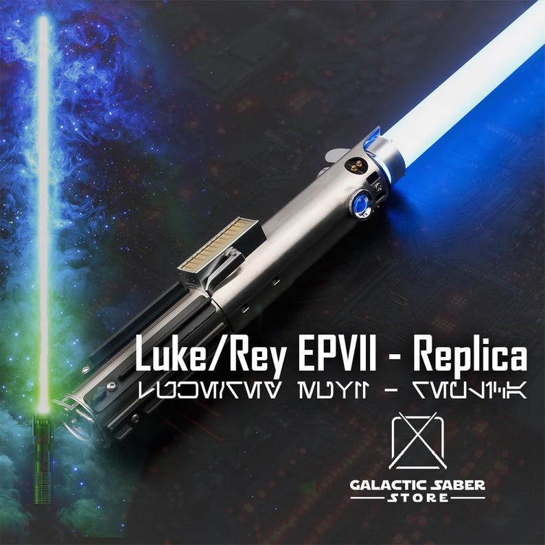 May include: A silver and black lightsaber replica with a blue blade. The lightsaber is labeled "Luke/Rey EPVII - Replica" and "GALACTIC SABER STORE".