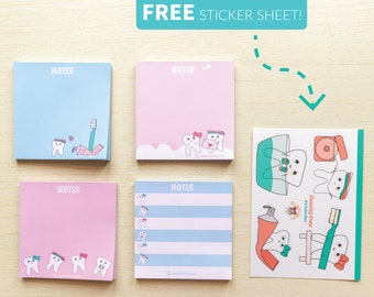 May include: Four pink and blue sticky note pads with tooth illustrations and the word "NOTES" printed on each pad. A free sticker sheet with tooth illustrations and the text "Cleaning Crew" is included.