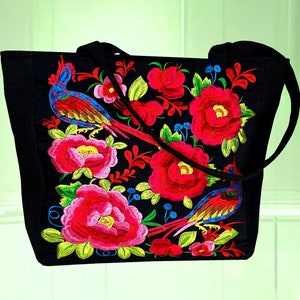 Mexican Floral Canvas Tote, Brilliant Colors, Wide Straps, Lining with Pocket, Security Zipper, Mexican Colorful Purse, The Perfect Gift!