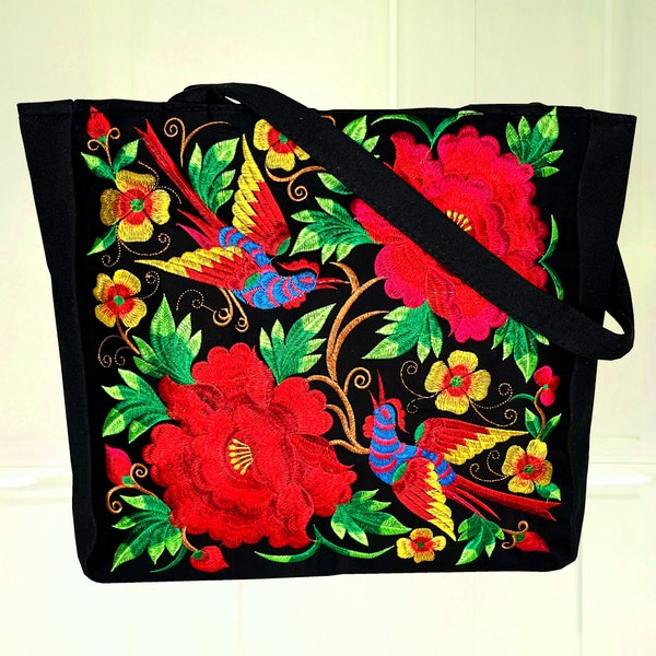 Perfect Mexico Gift for Women, Durable Canvas Beach Tote - Bright Embroidered Designs, Roomy, Zipper. Easy to Pack, Receive Many Compliments