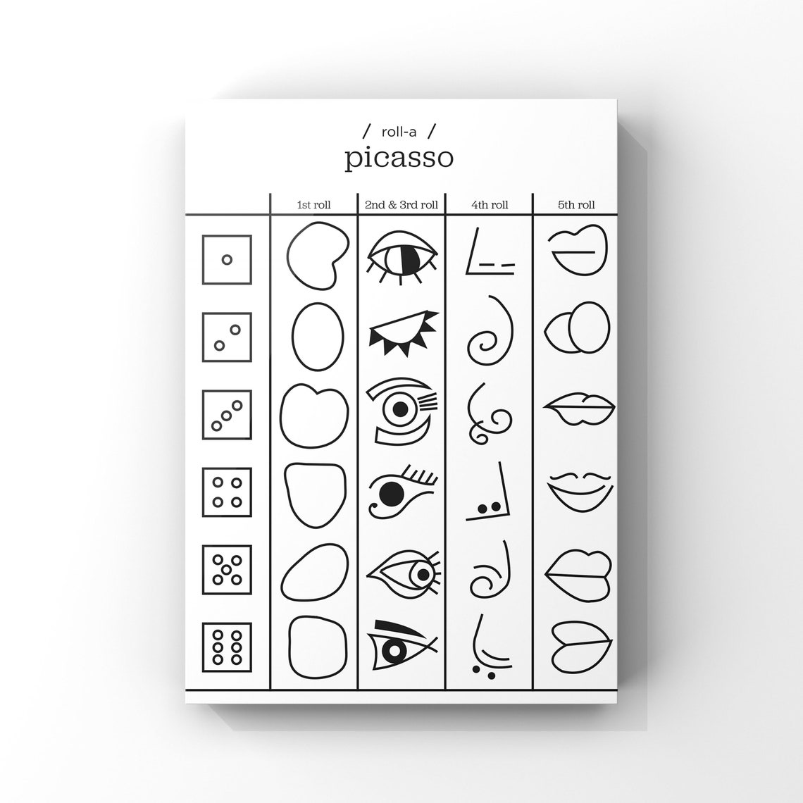 Roll-a-picasso // Printable Game Sheet 1 Page // Instant Download ...
