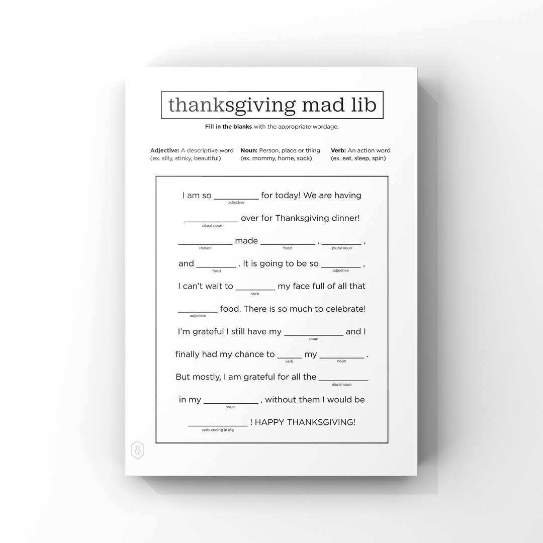 Thanksgiving Madlib // Printable Worksheet 1 Page // Instant Download ...