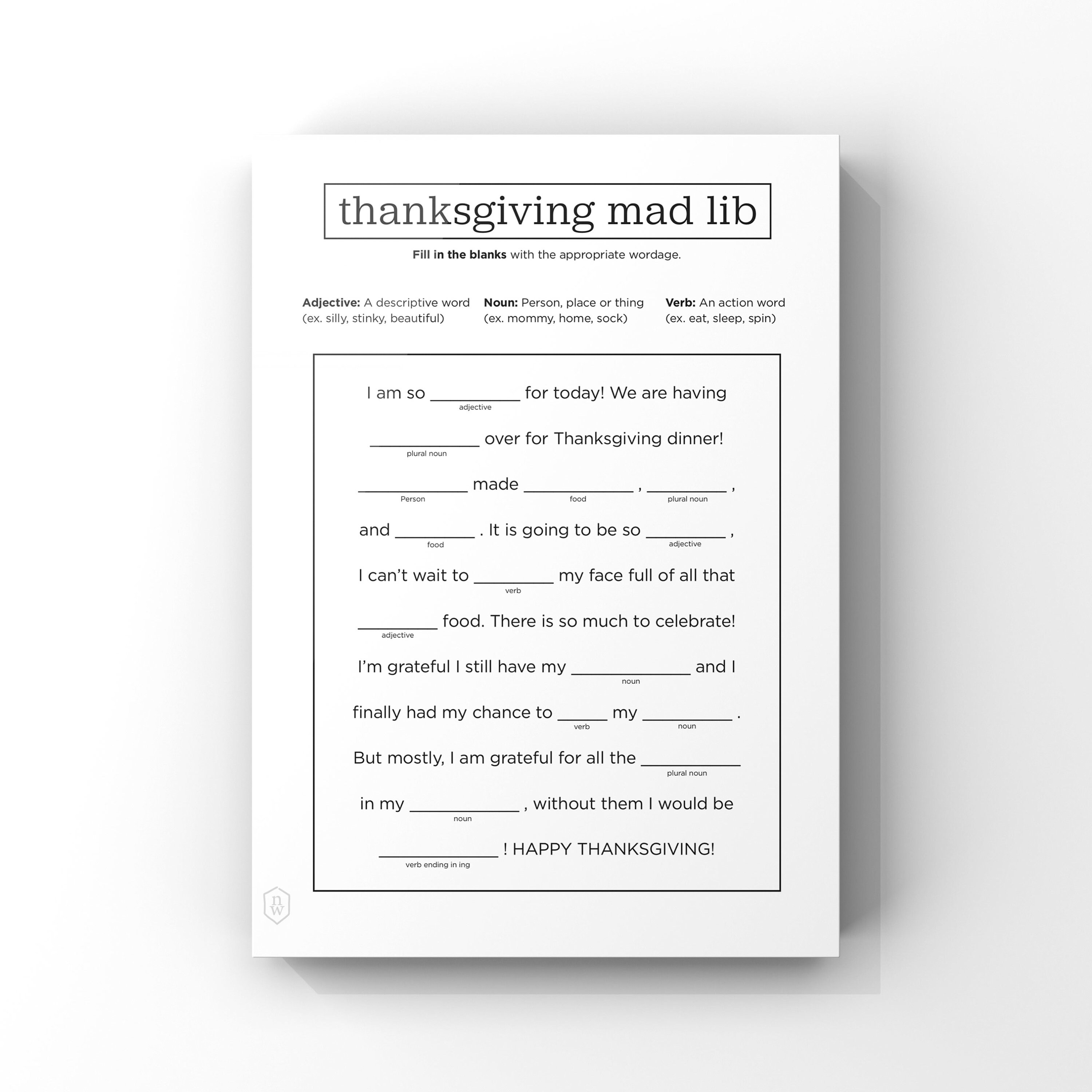 Thanksgiving Madlib // Printable Worksheet 1 Page // Instant Download ...
