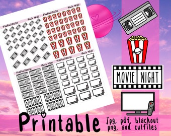 PRINTABLE Planner Stickers// MOVIE NIGHT//  Functional, Deco Stickers, Movie night, Binge watch, V.H.S, Popcorn