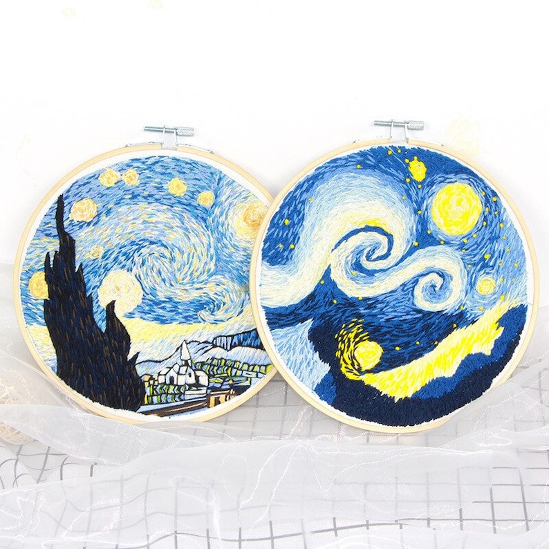 Van Gogh embroidery full kit mothers day gift DIY craft kits modern embroidery kit with hoop gift for her Starry Night embroidery kit
