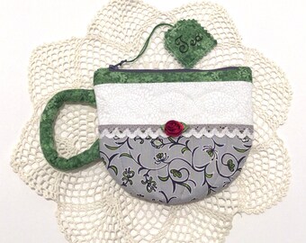 Teacup Zipper Pouch - Green and Lace, Floral Zipper Pouch, Teacup Bag, Teabag Wallet, Floral Teacup, Tea Wallet, Teabag Holder, Green & Gray
