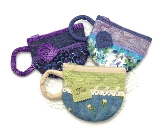 Teacup Zipper Pouch, Roses Pouch, Teacup Bag, Teabag Wallet, Floral Pouch, Tea Wallet, Teabag Holder, Purple Pouch, Floral Lace Bag, Tea Bag