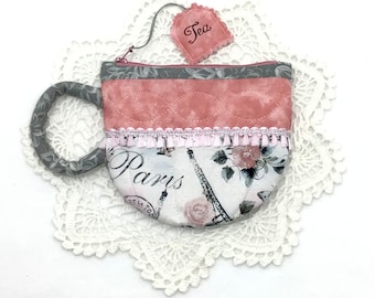 Teacup Zipper Pouch, Roses Pouch, Teacup Bag, Teabag Wallet, Floral Pouch, Tea Wallet, Teabag Holder, Sage Pouch, Floral Lace Bag, Tea Bag