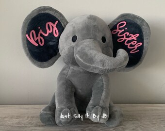 Big Sister Elephant, Big Sister Announcement, Personalized Plush Elephant, Custom Baby Girl Elephant, Keepsake Elephant Gift