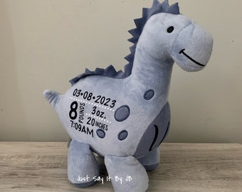 Birth Stat Dinosaur, Dinosaur Birth Announcement, Plush Dinosaur gift, Plush Birth Stat Gift, Keepsake Baby Gift, Custom Dinosaur Gift