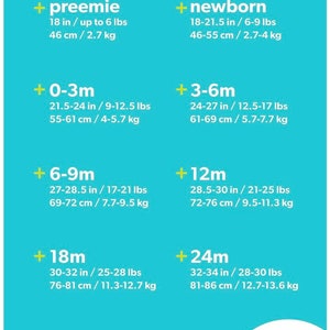 May include: Infant size chart in a teal color, with size ranges from preemie to 24 months. Measurements are provided in inches, pounds, and centimeters, kilograms. The chart is from Simple Joys by Carter's.