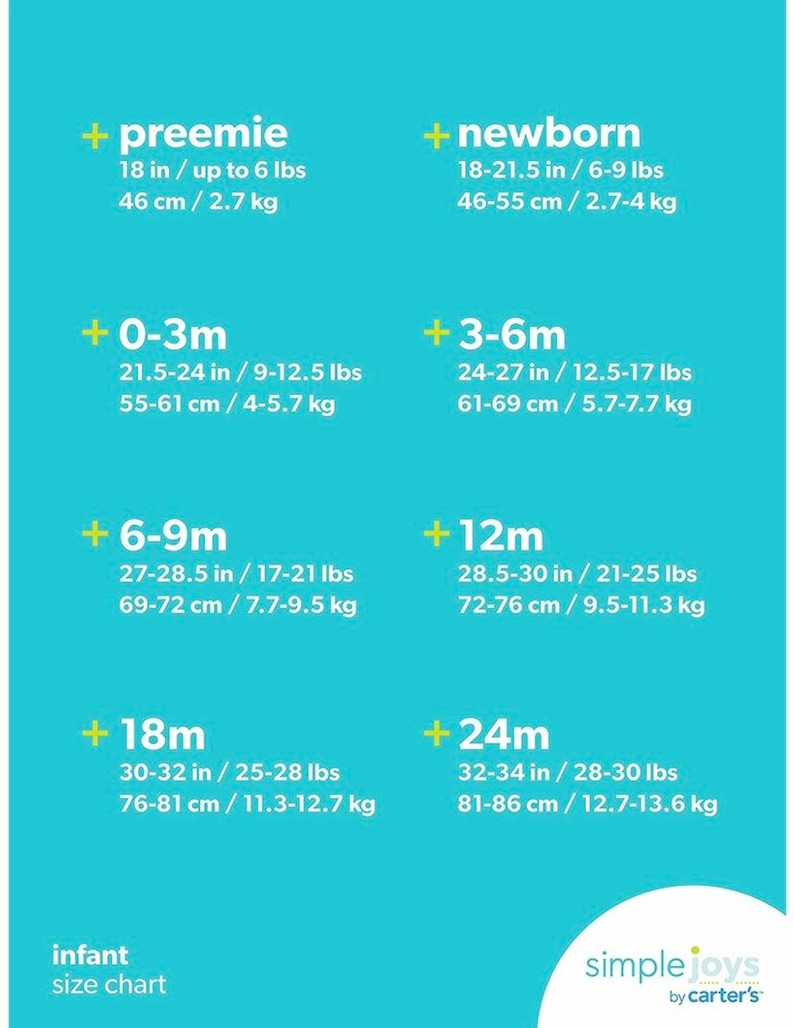 May include: Infant size chart in a teal color, with size ranges from preemie to 24 months. Measurements are provided in inches, pounds, and centimeters, kilograms. The chart is from Simple Joys by Carter's.