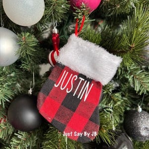 6 inch Personalized Mini Stockings, Mini Plaid Stockings, Personalized red plaid Stockings, Money Stockings, Custom Pet Stocking