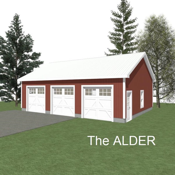 GARAGE PLAN : 36 x 28 - 3 Car Garage Plans - 10' Wall - 6/12 and 8/12 Pitch