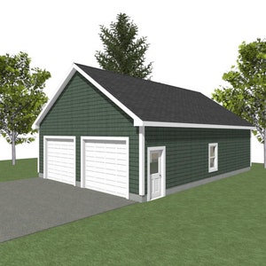 May include: A two-car garage with a green exterior and a white trim. The garage has two white garage doors and a white door on the side. There are trees in the background.