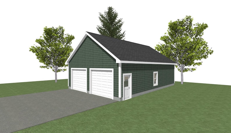May include: A two-car garage with a green exterior and a white trim. The garage has two white garage doors and a white door on the side. There are trees in the background.