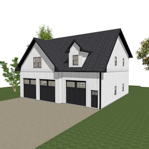 Könnte beinhalten: Ein weißes zweistöckiges Haus mit einem schwarzen Dach und schwarzen Garagentoren. Das Haus hat ein Dachfenster und mehrere Fenster an der Vorderseite. Es gibt Bäume im Vorgarten.