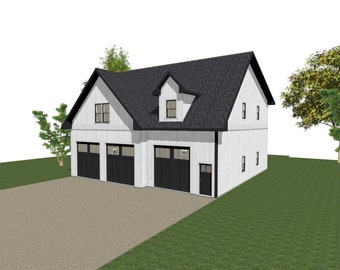 3 Car Garage Plans: 44 x 43, 12' Wall, Studio Above (Digital Download)