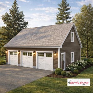 May include: A two-storey brown garage with three white garage doors, a grey roof, and a small window. The garage has a paved driveway and is surrounded by green grass and trees. The text "Get My Garage" is visible.