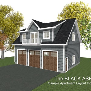 GARAGE PLAN : 38 x 28 - 3 Car Garage Plans - 12/12 - 10ft and 12ft Wall -  with Studio or Apartment Above