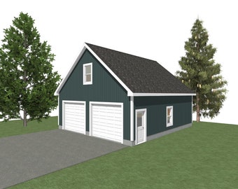 GARAGE PLAN : 28 x 32 - 2 Car Garage Plans - 10/12 Pitch - 10ft Wall - with Storage or Studio Above/ Side Utility Access