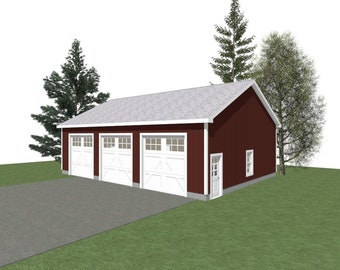3 Car Garage Plans : 44 x 32, 12' Wall, 6/12 and 8/12 Pitch with Materials List = ( Digital Download )