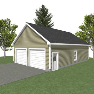 May include: A two-car garage with a single door on the side. The garage is painted a light brown color with white trim. The roof is black and the garage is surrounded by green grass.