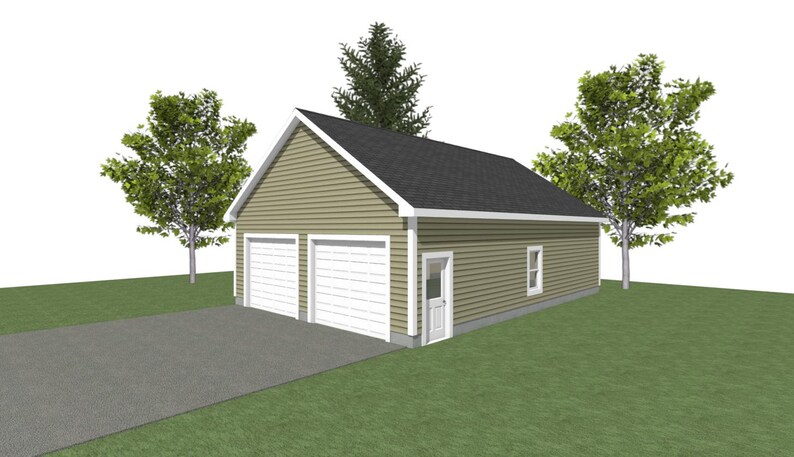 May include: A two-car garage with a single door on the side. The garage is painted a light brown color with white trim. The roof is black and the garage is surrounded by green grass.