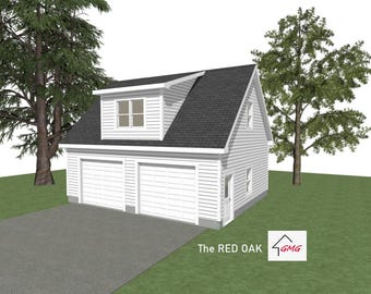 2 Car Garage Plans with Storage/ Studio Above : 30 x 24, 12/12 Pitch  ( Digital Download )