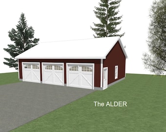 3 Car Garage Plans : 40 x 30, 10' Wall, 6/12 Pitch with Materials List - ( Digital Download )
