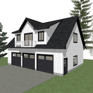 GARAGE PLAN : 40 x 30 - 3 Car Garage Plans - 12/12 - 10ft -  with Studio or Apartment Above