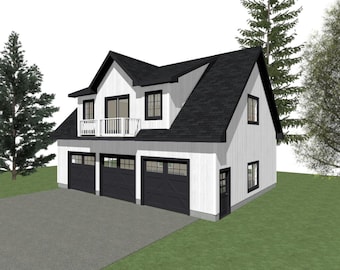 GARAGE PLAN : 40 x 30 - 3 Car Garage Plans - 12/12 - 10ft -  with Studio or Apartment Above