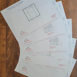 May include: A sample plan set for a 24 x 24 foot garage, called "The Hemlock", with a 12/12 pitch roof. The plans include a floor layout, right and left elevations, a building section, and a typical wall assembly. The plans are from GMG, a company whose motto is "Options are endless".