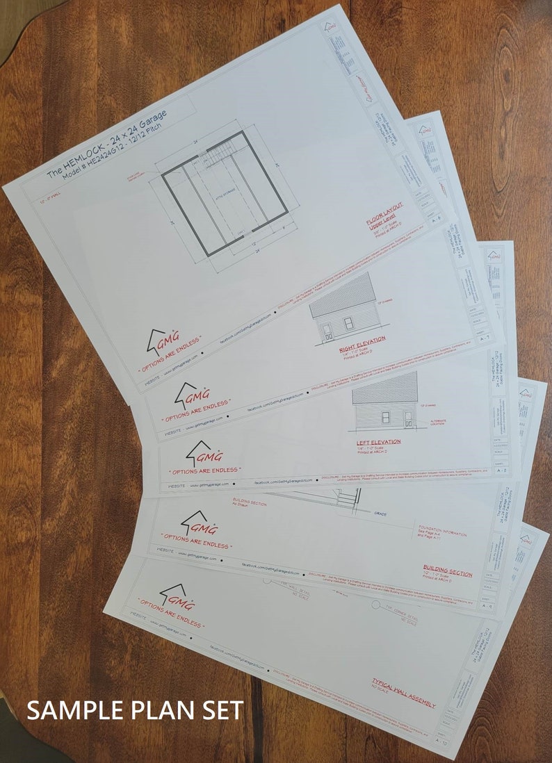 May include: A sample plan set for a 24 x 24 foot garage, called "The Hemlock", with a 12/12 pitch roof. The plans include a floor layout, right and left elevations, a building section, and a typical wall assembly. The plans are from GMG, a company whose motto is "Options are endless".