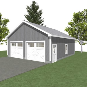 May include: A two-car garage with a grey exterior and white trim. The garage doors are white and have windows. There is a small door on the side of the garage.