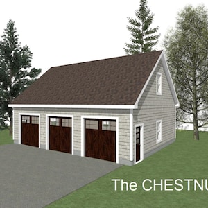 GARAGE PLAN : 36 x 28 - 3 Car Garage Plans - 10&#39; Wall - 10/12 and 12/12 Pitch - with Storage or Studio Above