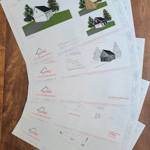 May include: Sample plan set for a 24x24 garage with a 12/12 pitch roof. The plans include a floor layout, foundation layout, and an estimation work sheet. The plans are from GMG, a company that specializes in garage design and construction.