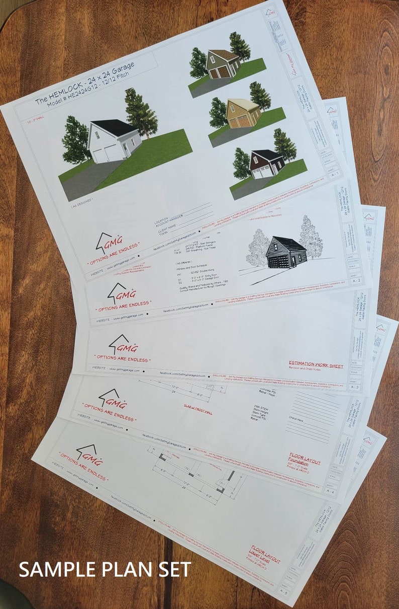 May include: Sample plan set for a 24x24 garage with a 12/12 pitch roof. The plans include a floor layout, foundation layout, and an estimation work sheet. The plans are from GMG, a company that specializes in garage design and construction.