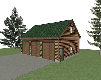 3 Car Garage Plans : 36 x 28, 12' Wall, 9/12 Pitch, Storage Above with Materials List = ( Digital Download )