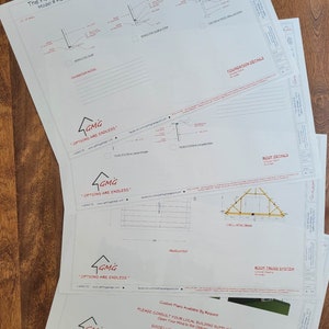 May include: A set of blueprints for a 24' x 24' garage, titled "The Hemlock", with a 12/12 pitch roof. The plans include details for the foundation, roof truss system, and roof details. The plans are from GMG, a company whose motto is "Options are endless".