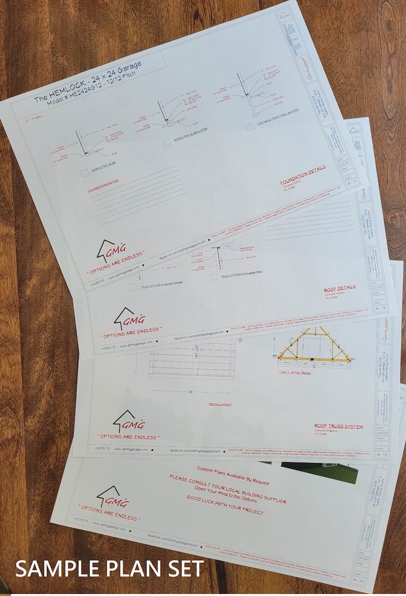 May include: A set of blueprints for a 24' x 24' garage, titled "The Hemlock", with a 12/12 pitch roof. The plans include details for the foundation, roof truss system, and roof details. The plans are from GMG, a company whose motto is "Options are endless".