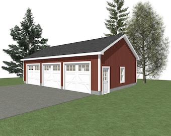 3 Car Garage Plans : 40 x 26, 12' Wall, 6/12 Pitch with Materials List - ( Digital Download )